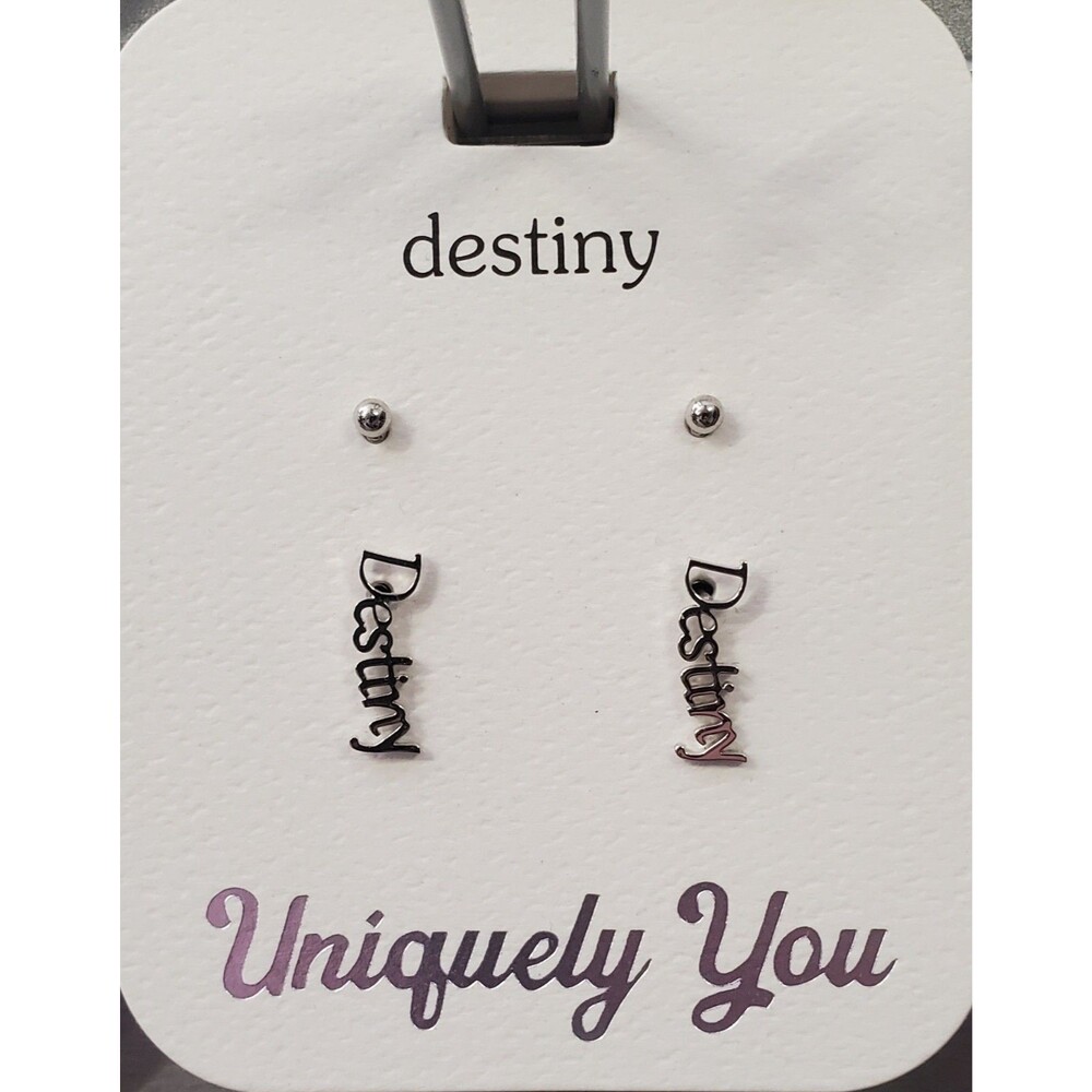 NEW 'DESTINY' Personalized Name Earrings + 1 Pair Studs Silver Tone Uniquely You